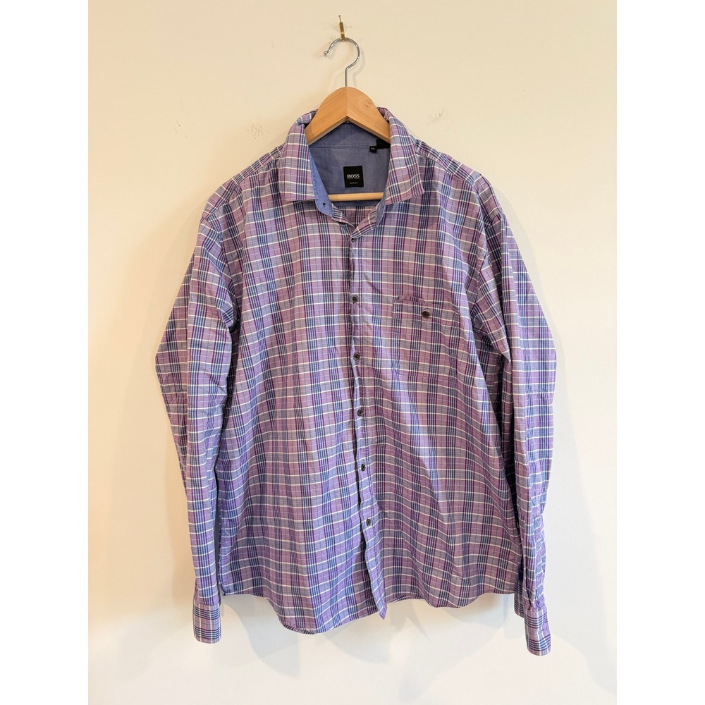 Hugo Boss Rodrigo Slim Fit Purple Blue Plaid Cotton Button Down Shirt Mens 2XL